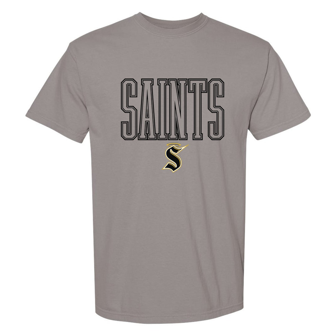 Berks Catholic Saints Outline Saints comfort colors t-shirt in Grey: outlined SAINTS lettering over the halo S