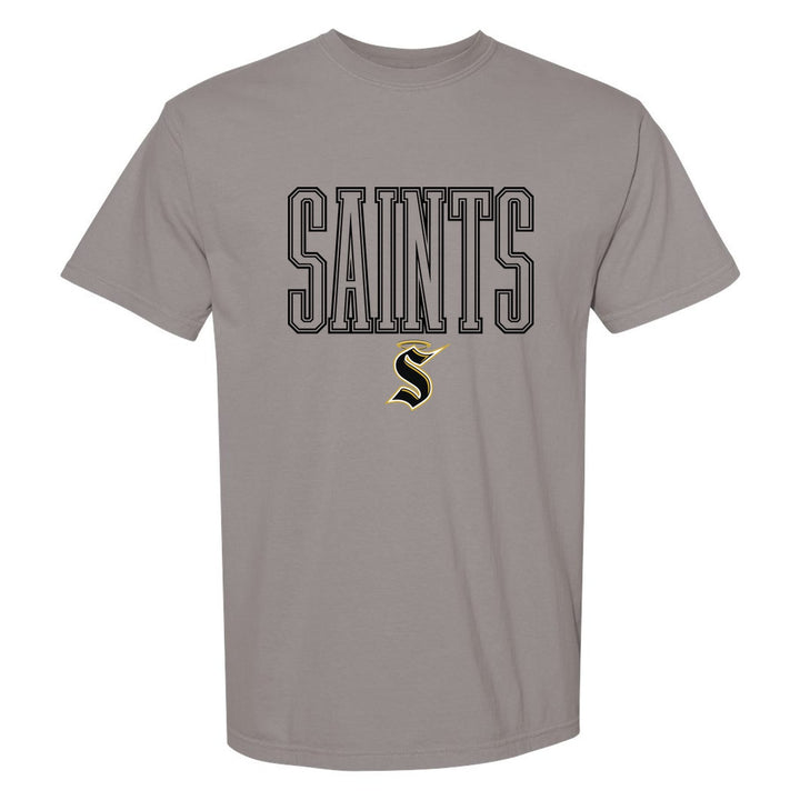 Berks Catholic Saints Outline Saints comfort colors t-shirt in Grey: outlined SAINTS lettering over the halo S