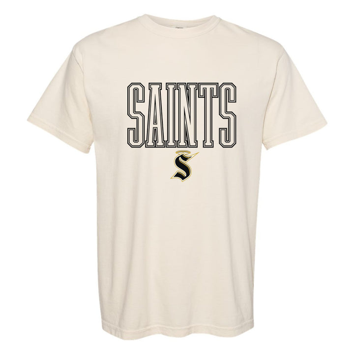 Berks Catholic Saints Outline Saints comfort colors t-shirt in Ivory: outlined SAINTS lettering over the halo S