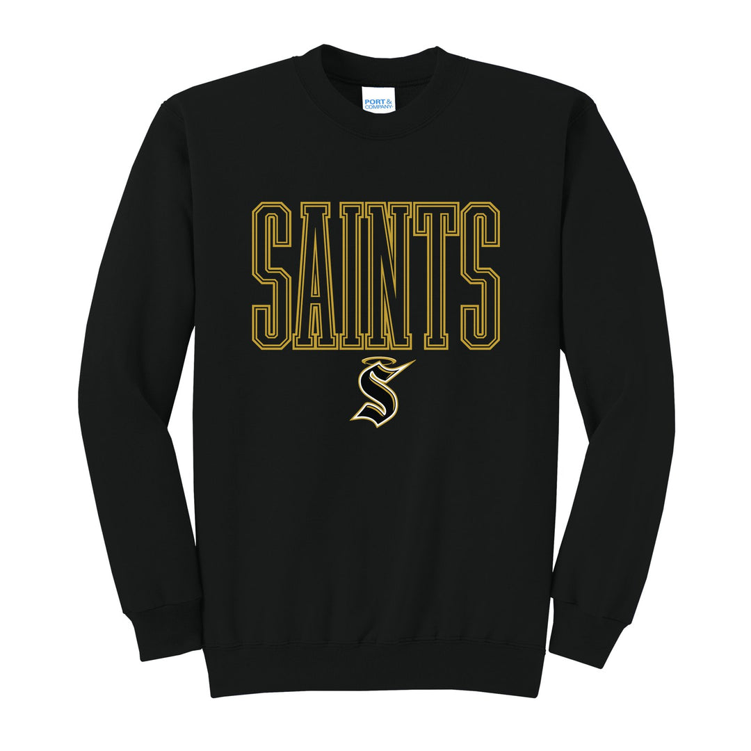 Berks Catholic Saints Outline Saints crewneck sweatshirt in Jet Black: outlined SAINTS lettering over the halo S
