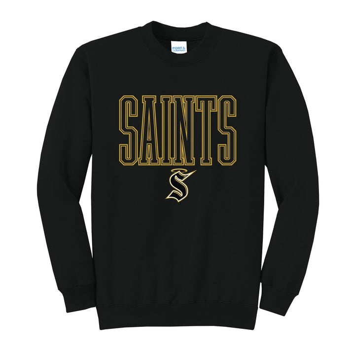 Berks Catholic Saints Outline Saints crewneck sweatshirt in Jet Black: outlined SAINTS lettering over the halo S