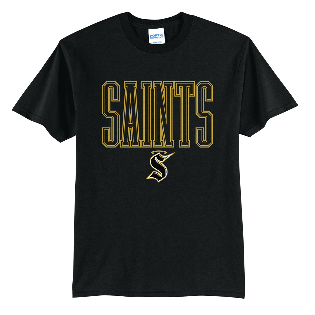 Berks Catholic Saints Outline Saints t-shirt in Jet Black: outlined SAINTS lettering over the halo S