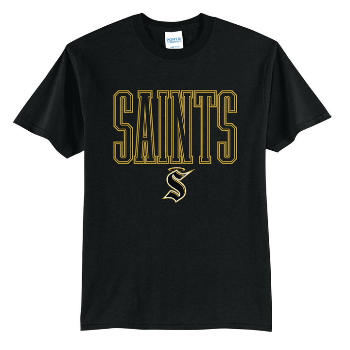 Berks Catholic Saints Outline Saints t-shirt in Jet Black: outlined SAINTS lettering over the halo S