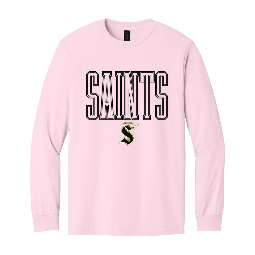Berks Catholic Saints Outline Saints long sleeve t-shirt in Light Pink: outlined SAINTS lettering over the halo S