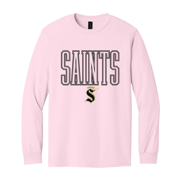 Berks Catholic Saints Outline Saints long sleeve t-shirt in Light Pink: outlined SAINTS lettering over the halo S