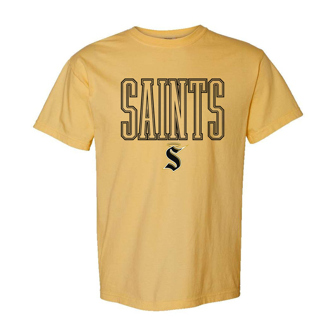 Berks Catholic Saints Outline Saints comfort colors t-shirt in Mustard: outlined SAINTS lettering over the halo S