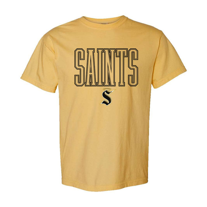 Berks Catholic Saints Outline Saints comfort colors t-shirt in Mustard: outlined SAINTS lettering over the halo S
