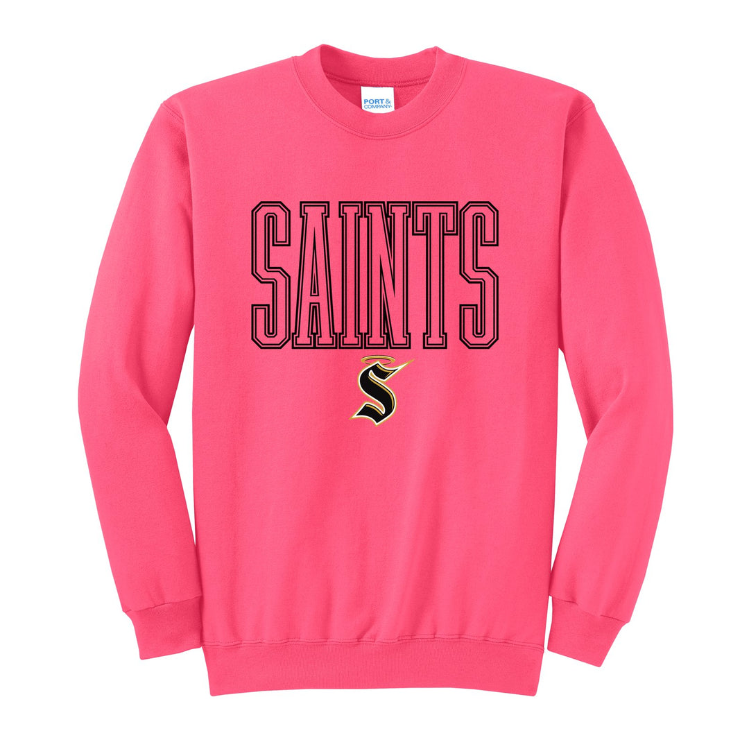 Berks Catholic Saints Outline Saints crewneck sweatshirt in Neon Pink: outlined SAINTS lettering over the halo S