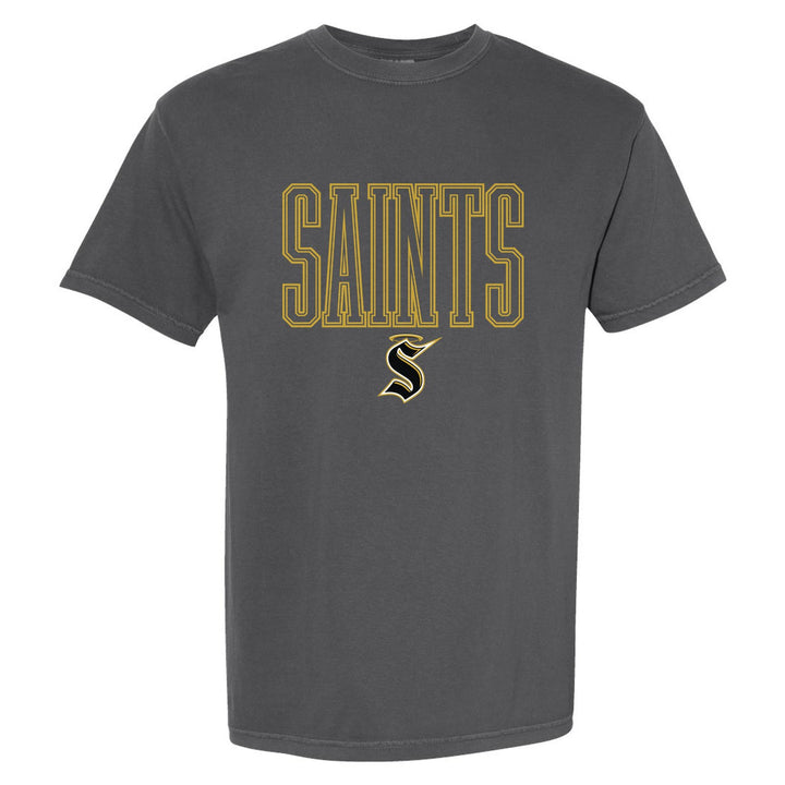 Berks Catholic Saints Outline Saints comfort colors t-shirt in Pepper: outlined SAINTS lettering over the halo S