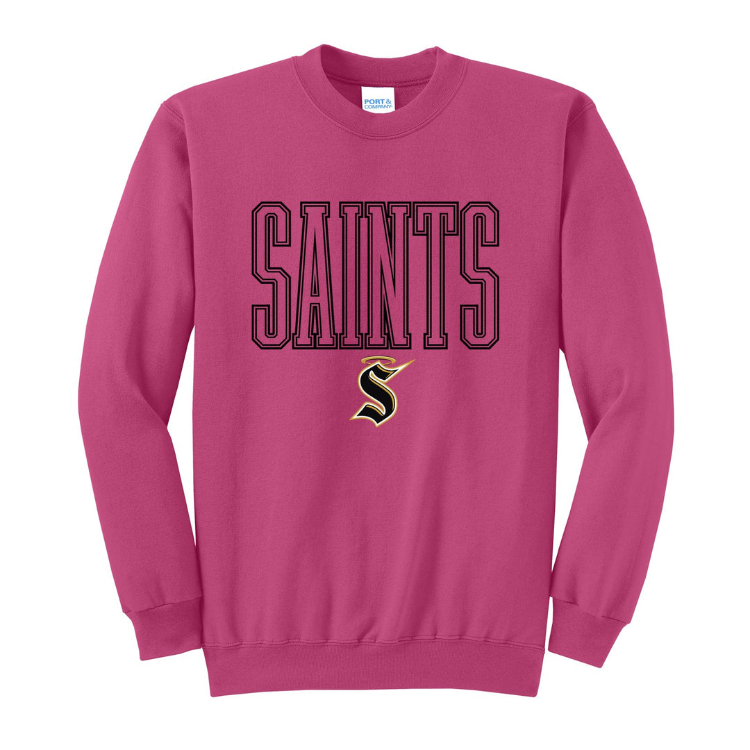 Berks Catholic Saints Outline Saints crewneck sweatshirt in Sangria: outlined SAINTS lettering over the halo S