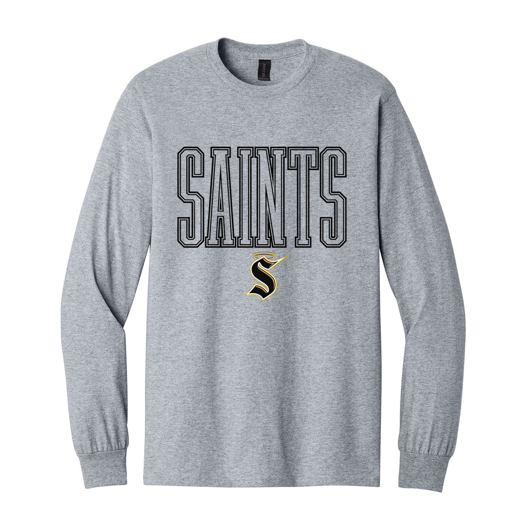 Berks Catholic Saints Outline Saints long sleeve t-shirt in Sport Grey: outlined SAINTS lettering over the halo S
