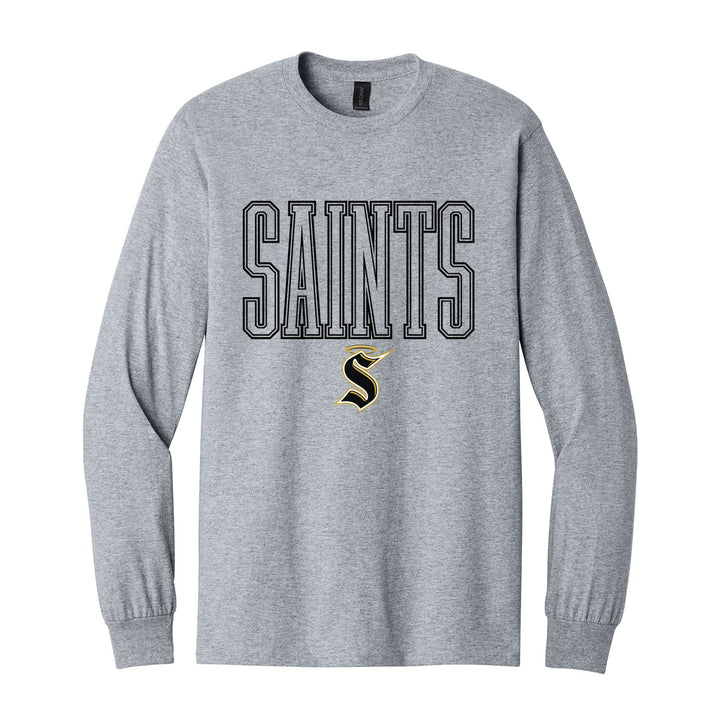 Berks Catholic Saints Outline Saints long sleeve t-shirt in Sport Grey: outlined SAINTS lettering over the halo S