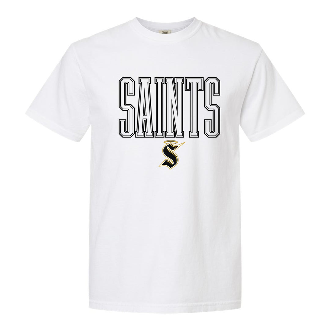 Berks Catholic Saints Outline Saints comfort colors t-shirt in White: outlined SAINTS lettering over the halo S