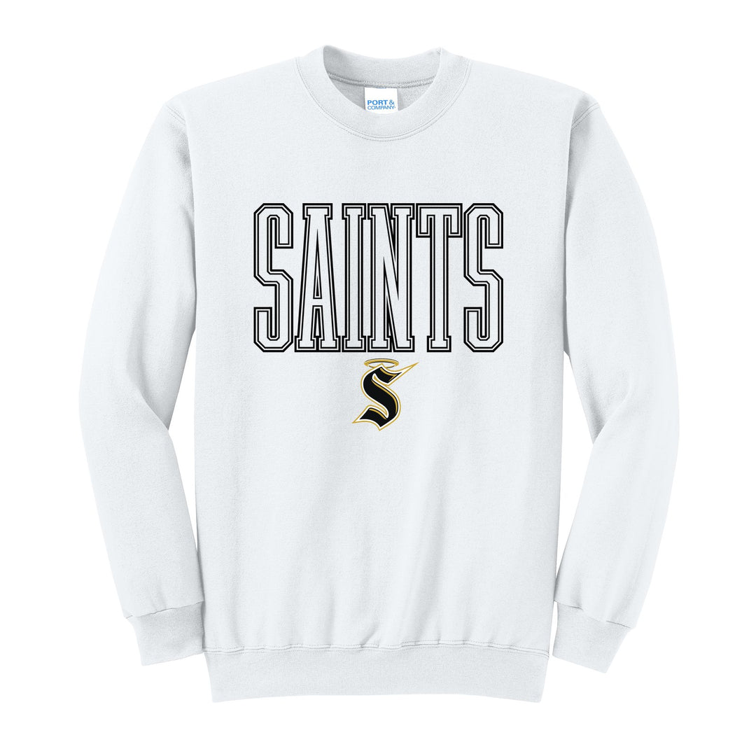 Berks Catholic Saints Outline Saints crewneck sweatshirt in White: outlined SAINTS lettering over the halo S