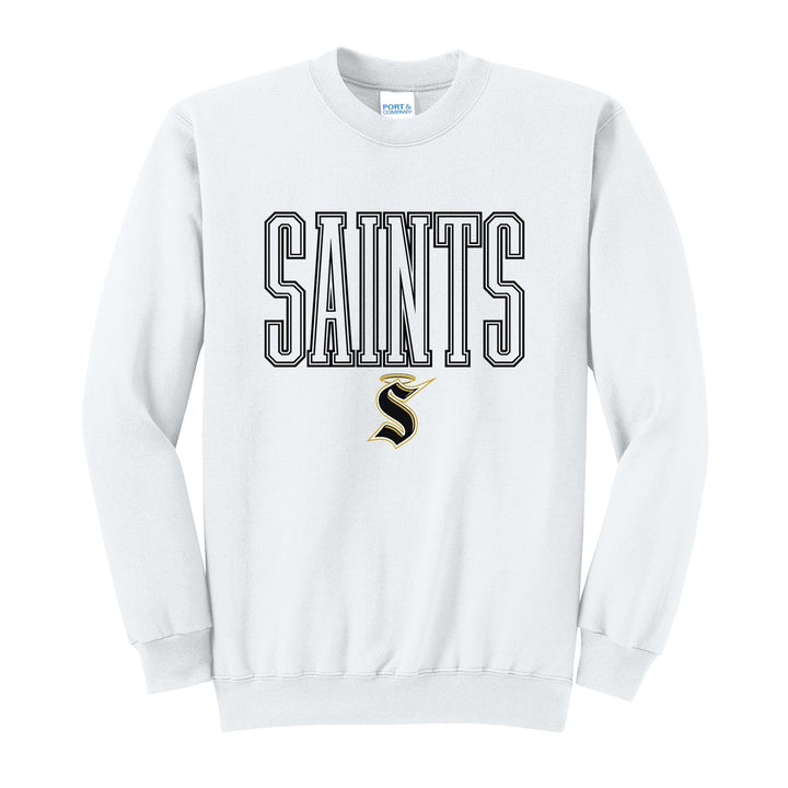 Berks Catholic Saints Outline Saints crewneck sweatshirt in White: outlined SAINTS lettering over the halo S