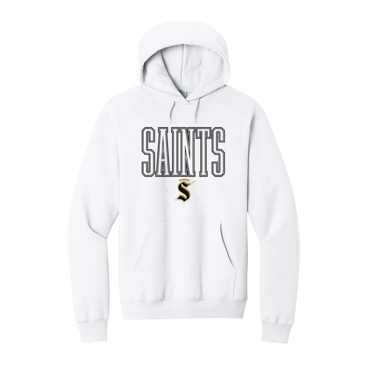 Berks Catholic Saints Outline Saints hoodie in White: outlined SAINTS lettering over the halo S