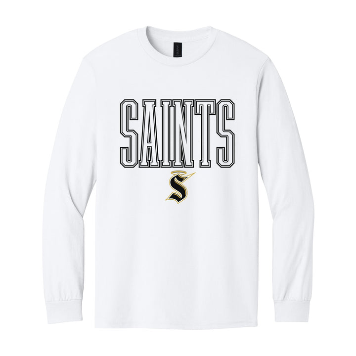 Berks Catholic Saints Outline Saints long sleeve t-shirt in White: outlined SAINTS lettering over the halo S