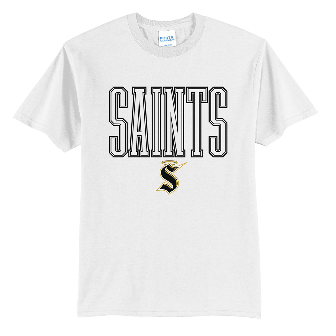 Berks Catholic Saints Outline Saints t-shirt in White: outlined SAINTS lettering over the halo S