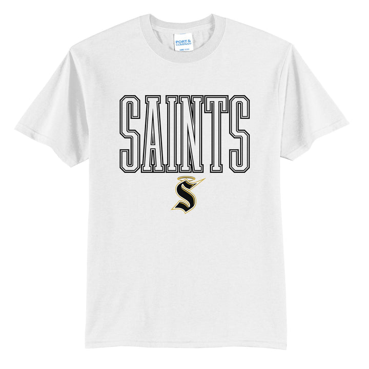 Berks Catholic Saints Outline Saints t-shirt in White: outlined SAINTS lettering over the halo S