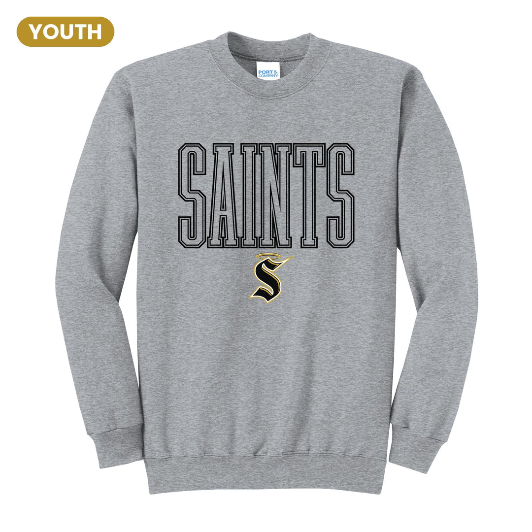 Berks Catholic Saints Outline Saints youth crewneck sweatshirt in Athletic Heather: outlined SAINTS lettering over the halo S