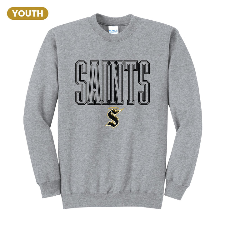 Berks Catholic Saints Outline Saints youth crewneck sweatshirt in Athletic Heather: outlined SAINTS lettering over the halo S