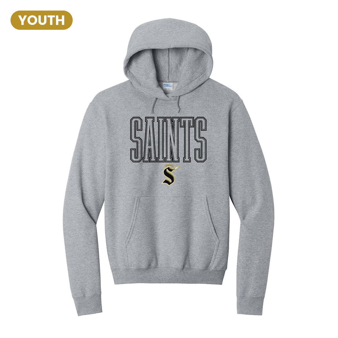 Berks Catholic Saints Outline Saints youth hoodie in Athletic Heather: outlined SAINTS lettering over the halo S