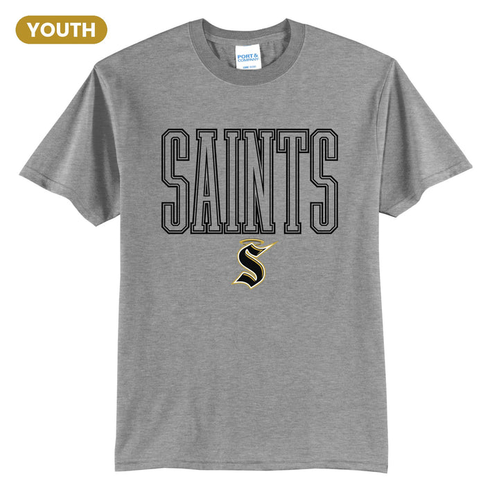 Berks Catholic Saints Outline Saints youth t-shirt in Athletic Heather: outlined SAINTS lettering over the halo S