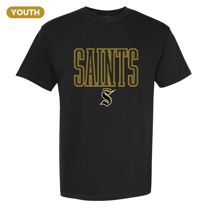 Berks Catholic Saints Outline Saints youth comfort colors t-shirt in Black: outlined SAINTS lettering over the halo S