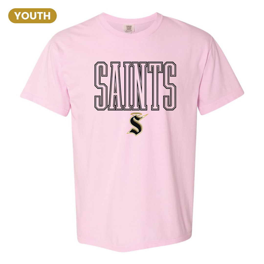 Berks Catholic Saints Outline Saints youth comfort colors t-shirt in Blossom: outlined SAINTS lettering over the halo S