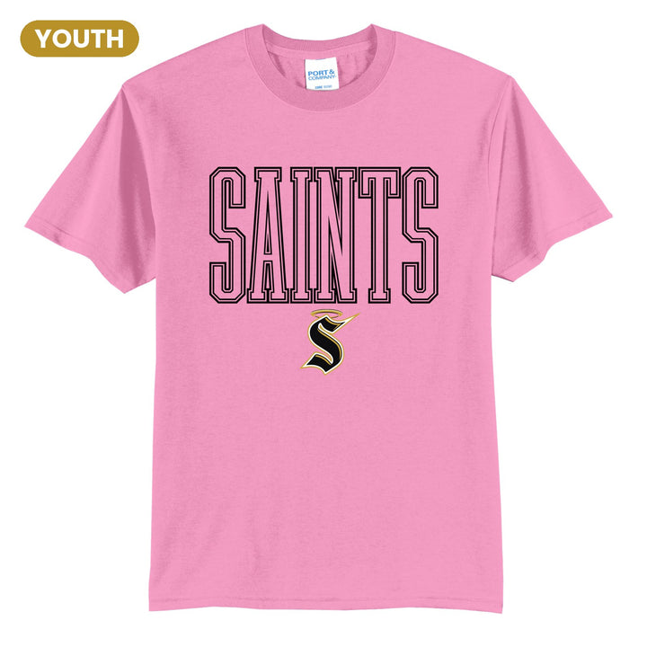 Berks Catholic Saints Outline Saints youth t-shirt in Candy Pink: outlined SAINTS lettering over the halo S