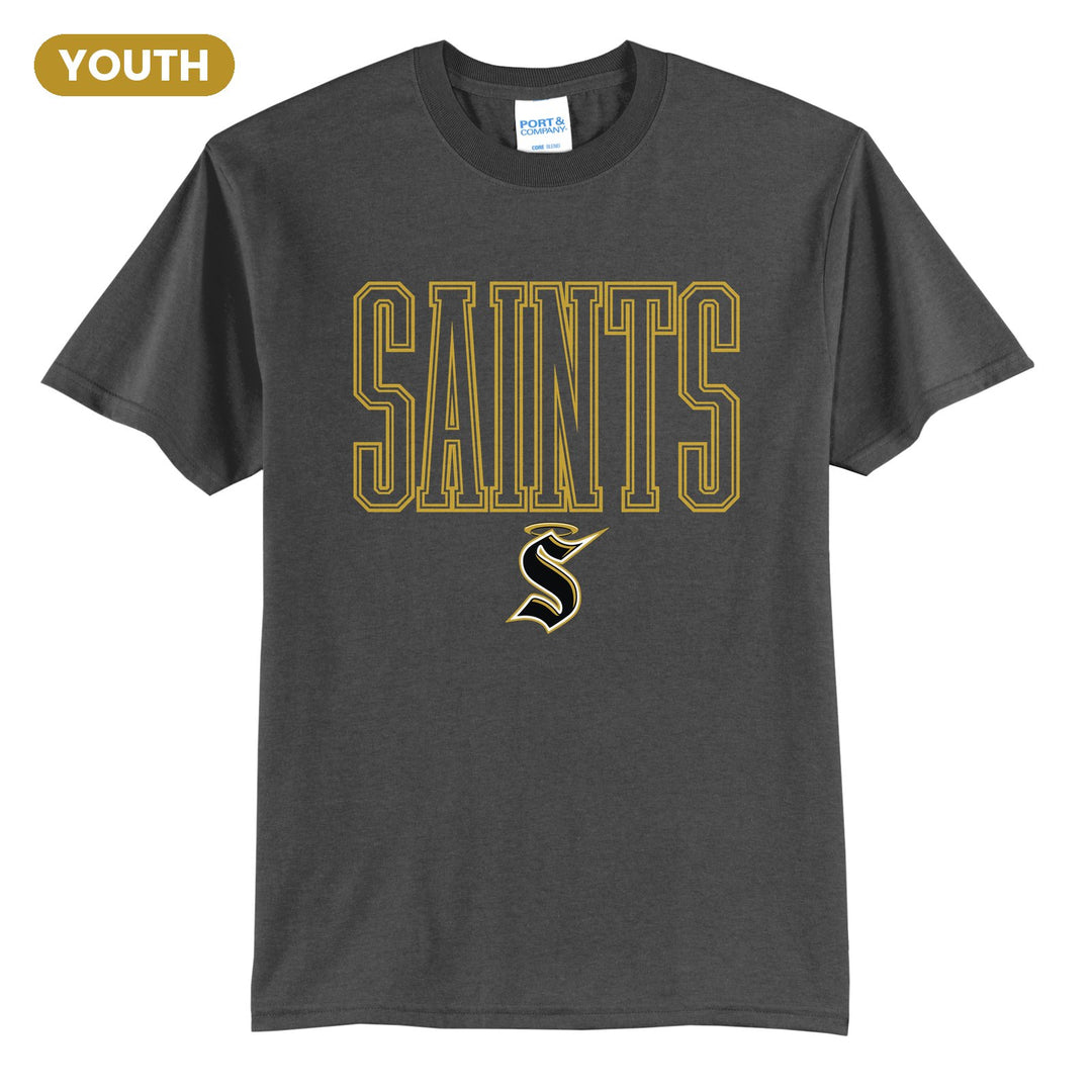 Berks Catholic Saints Outline Saints youth t-shirt in Charcoal: outlined SAINTS lettering over the halo S
