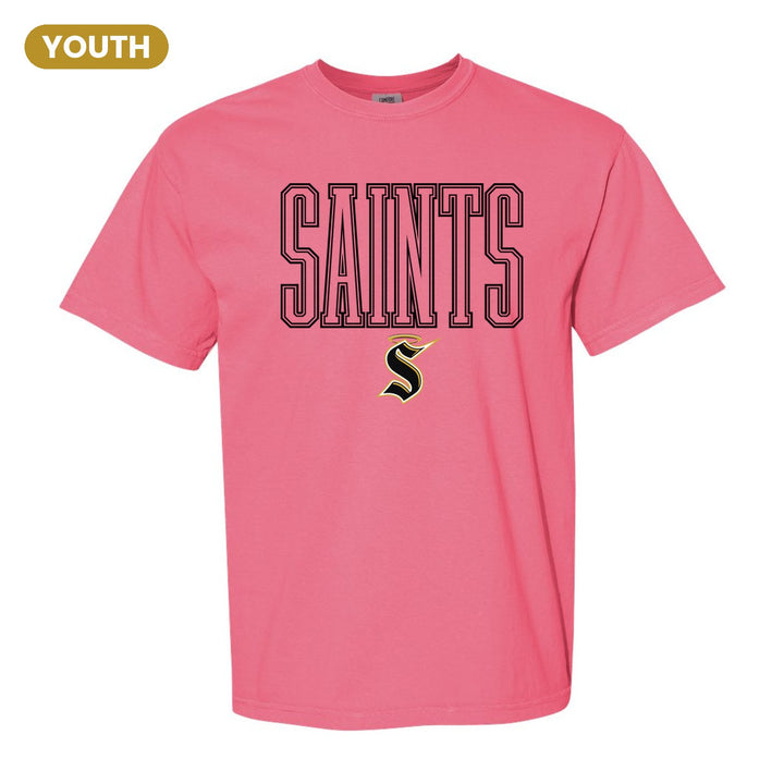 Berks Catholic Saints Outline Saints youth comfort colors t-shirt in Crunchberry: outlined SAINTS lettering over the halo S