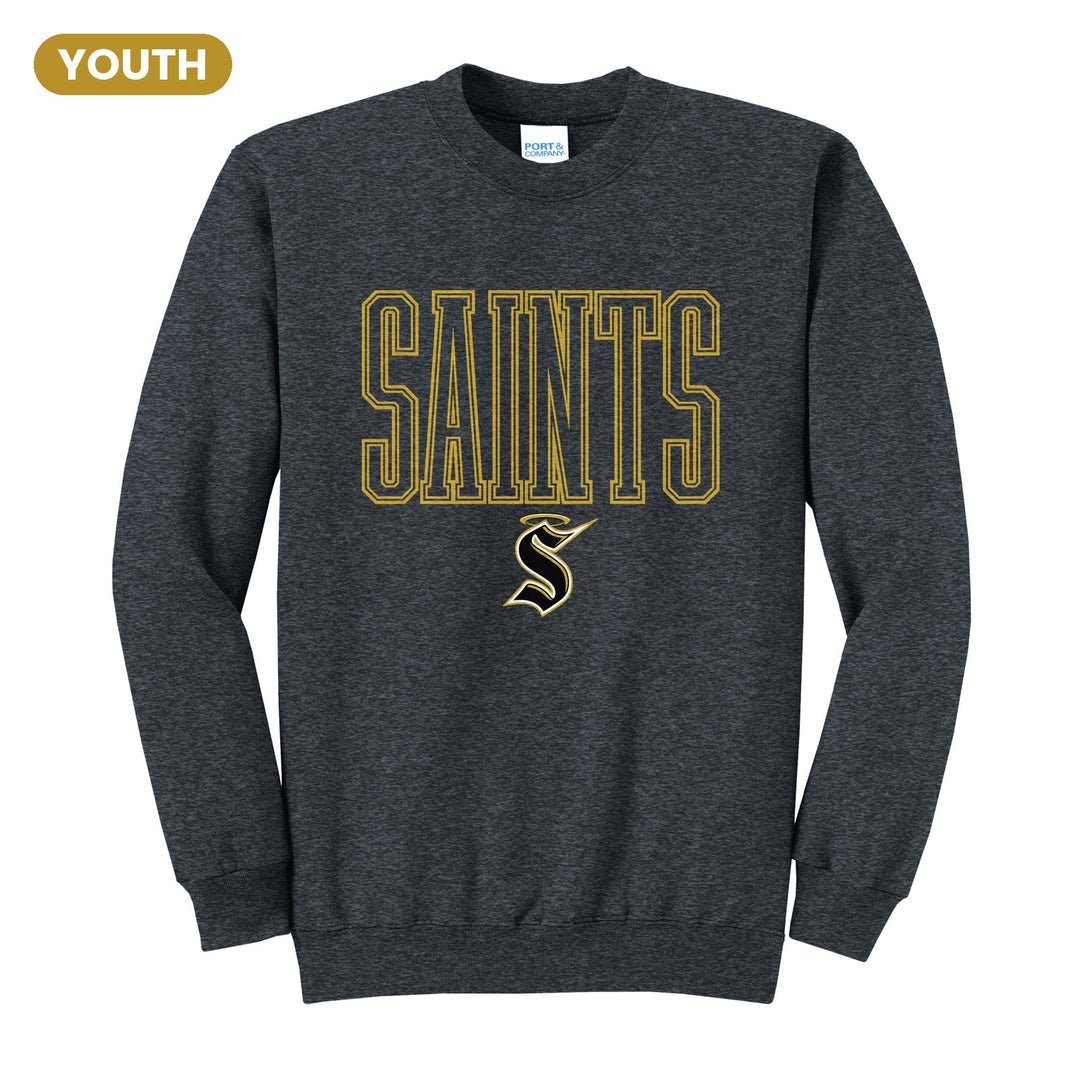 Berks Catholic Saints Outline Saints youth crewneck sweatshirt in Dark Heather Grey: outlined SAINTS lettering over the halo S