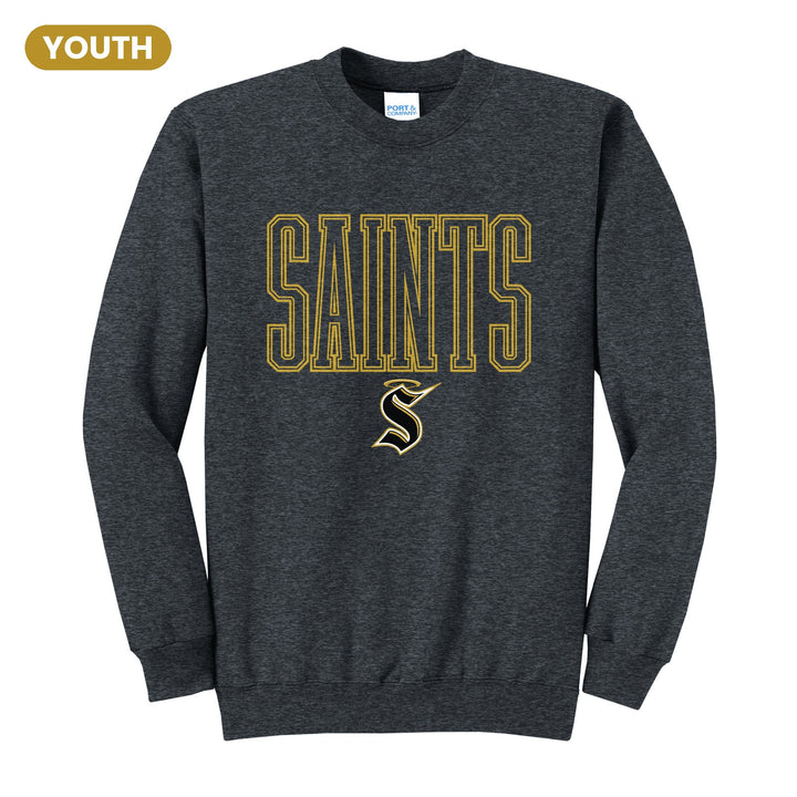 Berks Catholic Saints Outline Saints youth crewneck sweatshirt in Dark Heather Grey: outlined SAINTS lettering over the halo S
