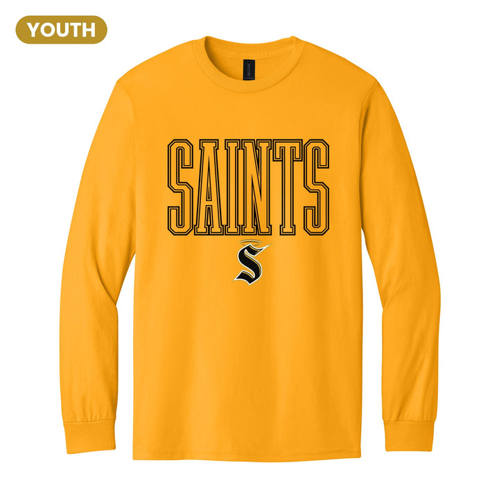 Berks Catholic Saints Outline Saints youth long sleeve t-shirt in Gold: outlined SAINTS lettering over the halo S