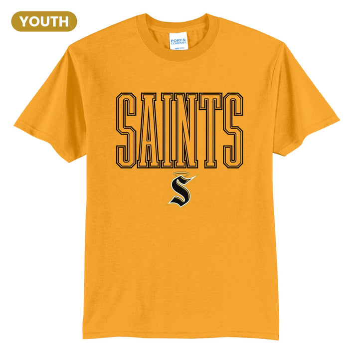 Berks Catholic Saints Outline Saints youth t-shirt in Gold: outlined SAINTS lettering over the halo S