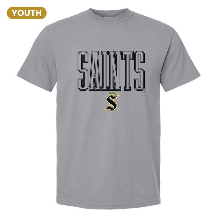 Berks Catholic Saints Outline Saints youth comfort colors t-shirt in Granite: outlined SAINTS lettering over the halo S