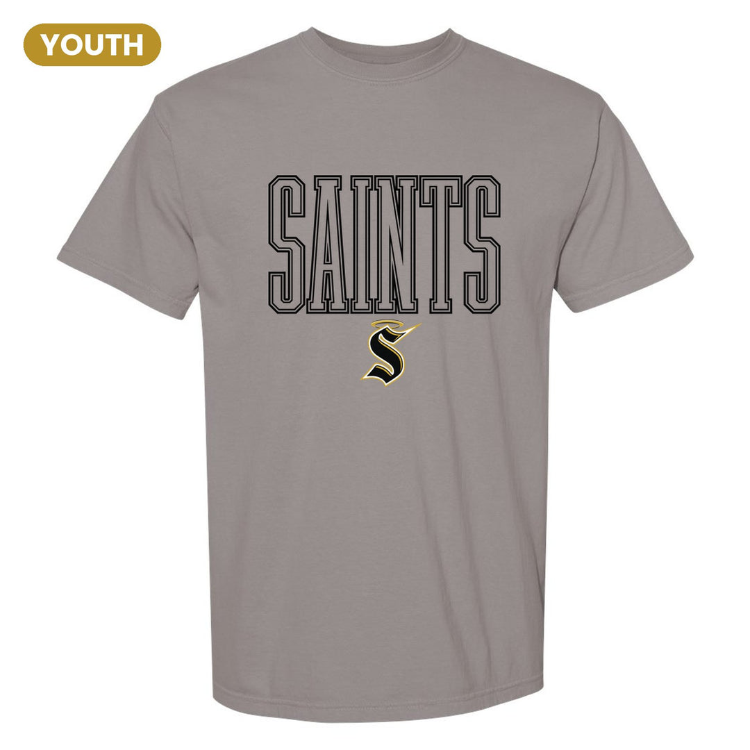 Berks Catholic Saints Outline Saints youth comfort colors t-shirt in Grey: outlined SAINTS lettering over the halo S