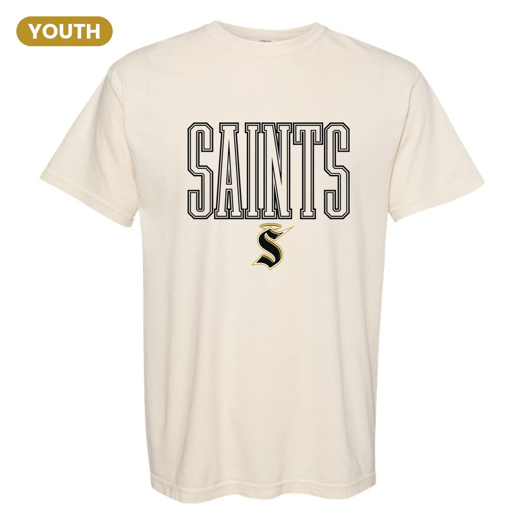 Berks Catholic Saints Outline Saints youth comfort colors t-shirt in Ivory: outlined SAINTS lettering over the halo S