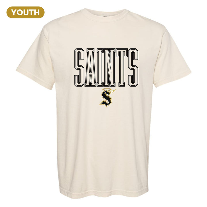 Berks Catholic Saints Outline Saints youth comfort colors t-shirt in Ivory: outlined SAINTS lettering over the halo S