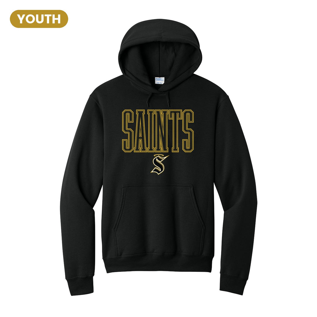Berks Catholic Saints Outline Saints youth hoodie in Jet Black: outlined SAINTS lettering over the halo S