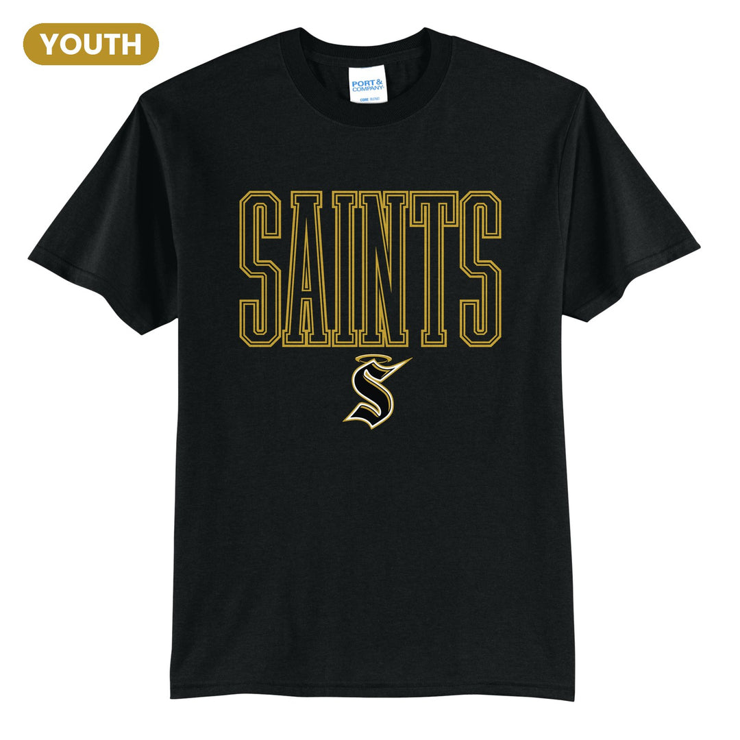 Berks Catholic Saints Outline Saints youth t-shirt in Jet Black: outlined SAINTS lettering over the halo S