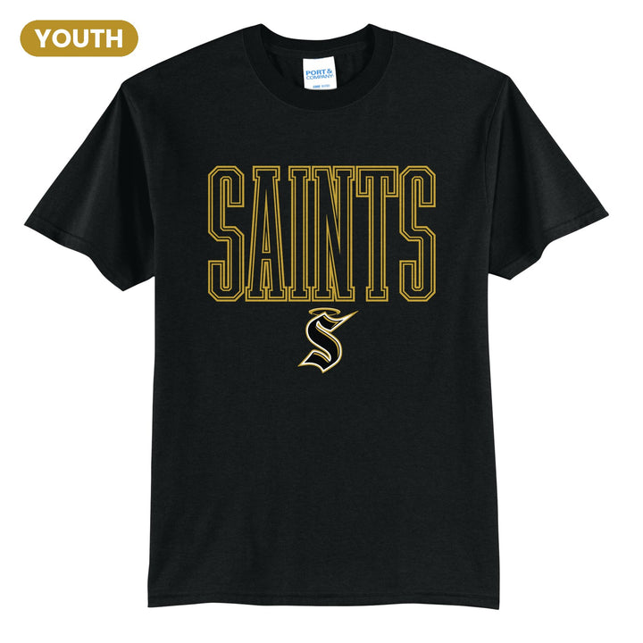 Berks Catholic Saints Outline Saints youth t-shirt in Jet Black: outlined SAINTS lettering over the halo S