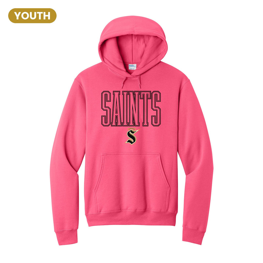 Berks Catholic Saints Outline Saints youth hoodie in Neon Pink: outlined SAINTS lettering over the halo S
