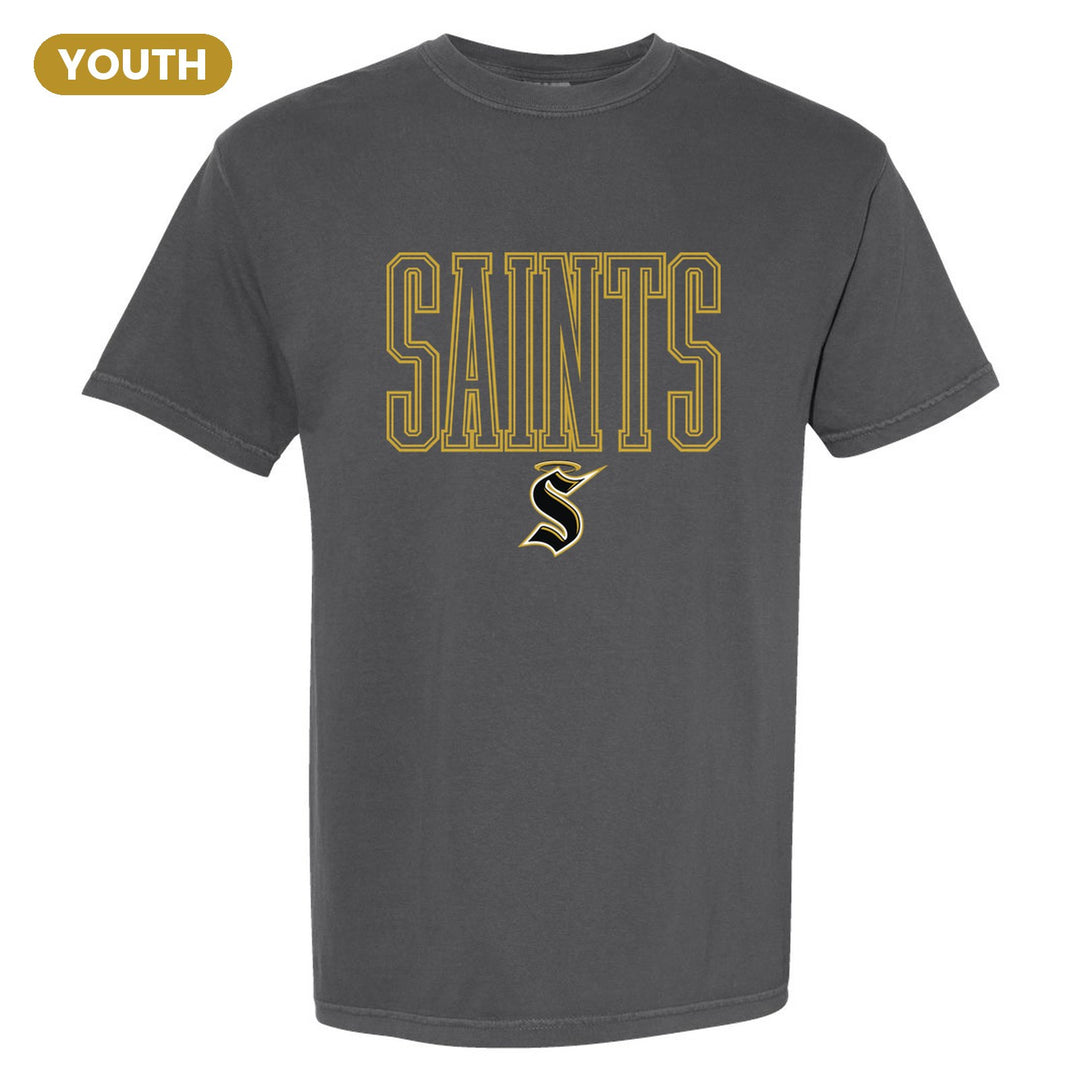 Berks Catholic Saints Outline Saints youth comfort colors t-shirt in Pepper: outlined SAINTS lettering over the halo S