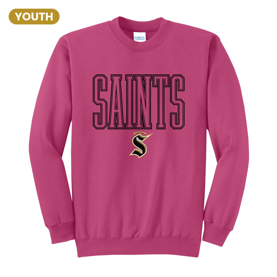 Berks Catholic Saints Outline Saints youth crewneck sweatshirt in Sangria: outlined SAINTS lettering over the halo S