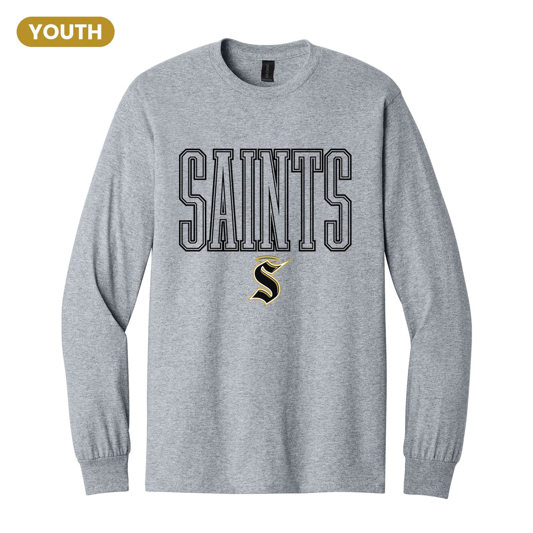 Berks Catholic Saints Outline Saints youth long sleeve t-shirt in Sport Grey: outlined SAINTS lettering over the halo S