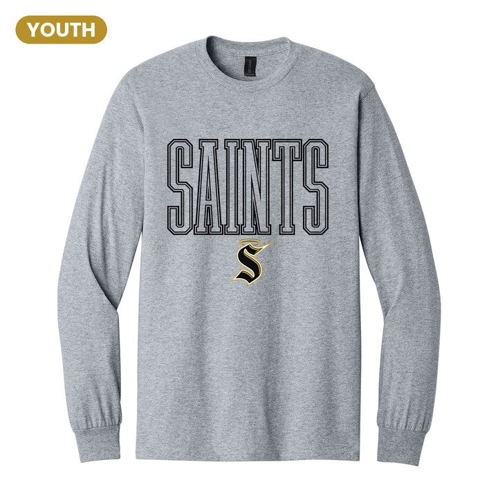 Berks Catholic Saints Outline Saints youth long sleeve t-shirt in Sport Grey: outlined SAINTS lettering over the halo S