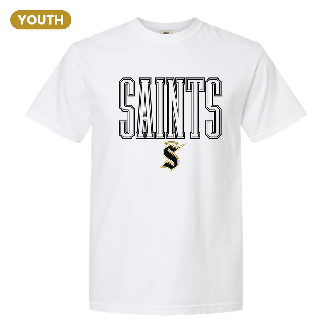 Berks Catholic Saints Outline Saints youth comfort colors t-shirt in White: outlined SAINTS lettering over the halo S