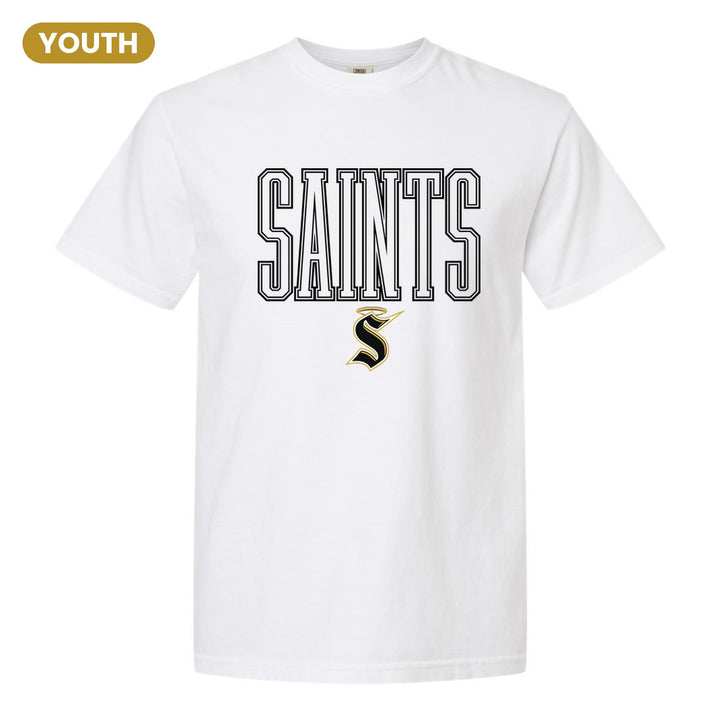Berks Catholic Saints Outline Saints youth comfort colors t-shirt in White: outlined SAINTS lettering over the halo S
